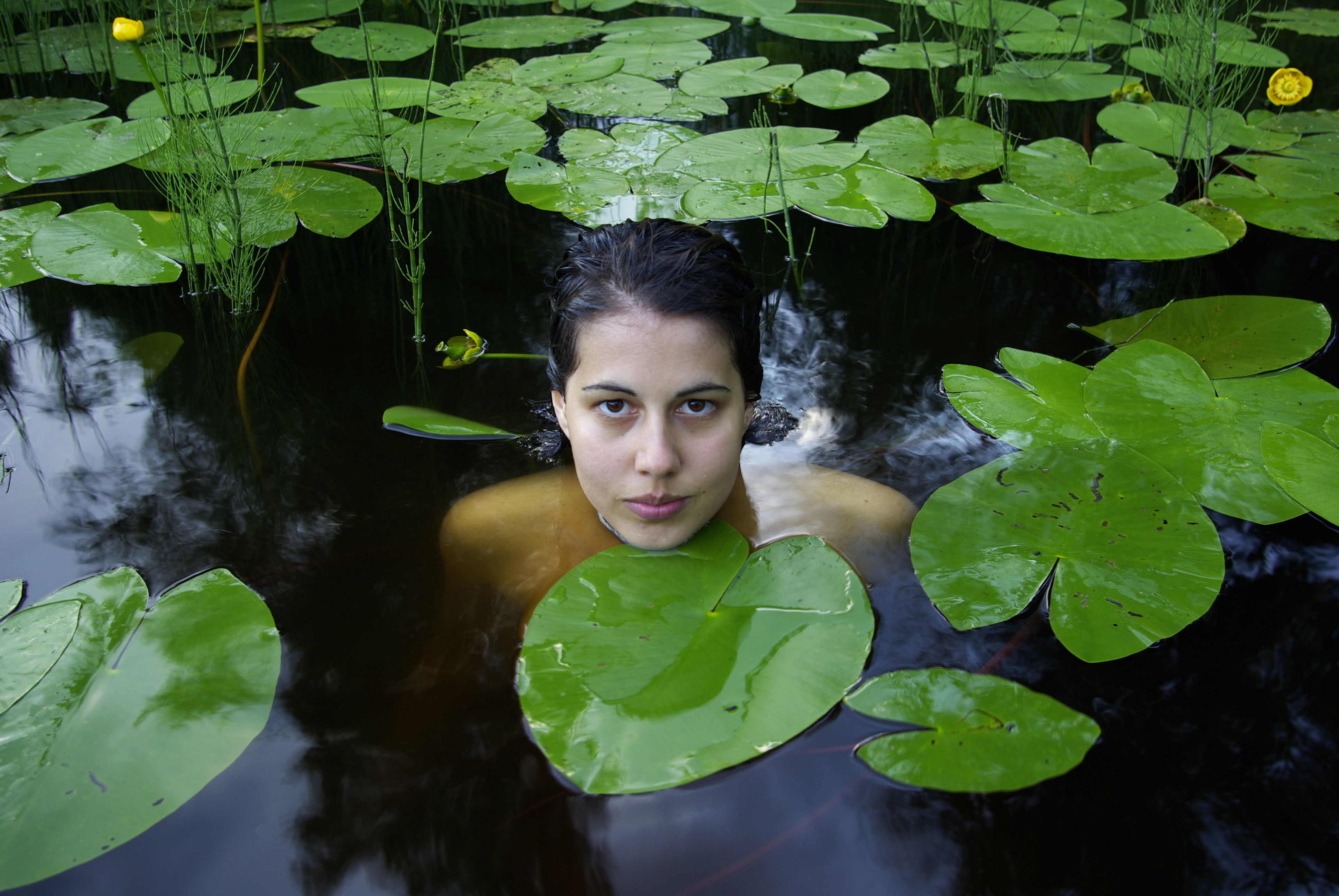 Himani Grundström swiming among water lilies